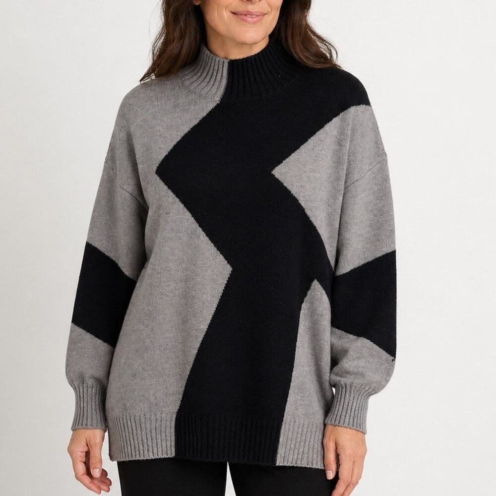 Cyrus Sweater S NWT Black Gray Colorblock Mock Neck Tunic Pullover Artsy